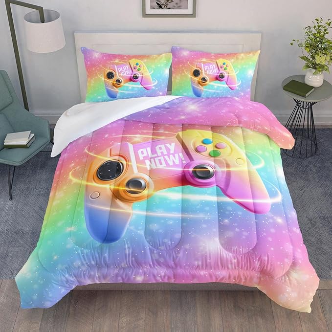 Datura home Bedding Comforter Set Rainbow Gamepad Printed Pattern Quilt with 1 and 2 Pillowcases for Girls Bedroom All Season(Rainbow Queen) Queen 90x90inches - LeafyLoom