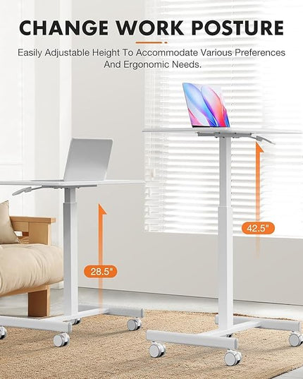 edx Small Mobile Rolling Standing Desk - Overbed Table, Teacher Podium with Wheels, Adjustable Work Table, Rolling Desk Laptop Computer Cart for Home, Office, Classroom, White - LeafyLoom