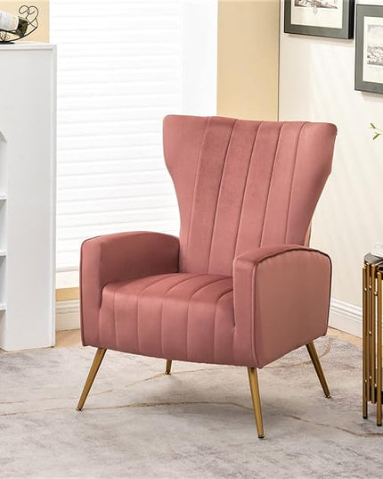 Armchair Modern Velvet Accent Chair, Channel Tufted Bedroom, Office or Living Room Furniture with Elegant Metal Legs, Rose - LeafyLoom