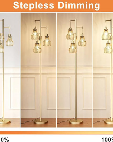 Dimmable Gold Floor Lamps for Living Room, Industrial Tree Standing Tall Lamps with 3 Elegant Cage Shade & 800 Lumens LED Bulbs for Bedroom Office - LeafyLoom