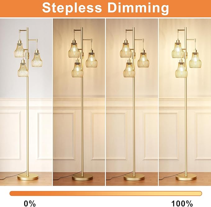 Dimmable Gold Floor Lamps for Living Room, Industrial Tree Standing Tall Lamps with 3 Elegant Cage Shade & 800 Lumens LED Bulbs for Bedroom Office - LeafyLoom