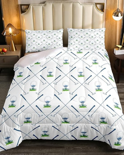 Erosebridal Golf Comforter Set Queen Size Golf Club Bedding Set Sport Game Athlete Grass Leaf Branches Down Comforter for Men, Room Decorative 3 Pieces Comforter with 2 Pillow Cases, White - LeafyLoom