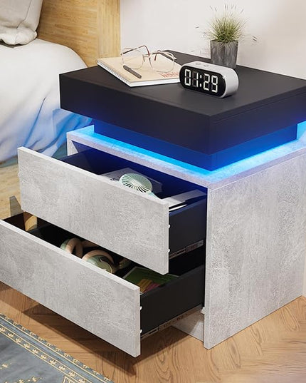 HOMMPA LED Nightstand Grey Matte Bedside Table with Led Lights Modern Night Stand with 2 Drawers Led Night Table Smart Nightstand for Bedroom 20.5” Tall - LeafyLoom