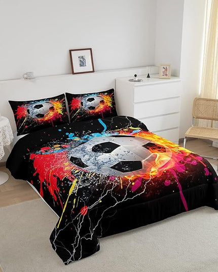 Kids Soccer Twin Size Comforter Set For Boys Football Sports Bedding Set Teen Colorful Grunge Hippie Tie Dye Quilt Comforter Red Blue Water Fire Lightning Duvet Insert Lightweight Bedroom Dorm Decor - LeafyLoom