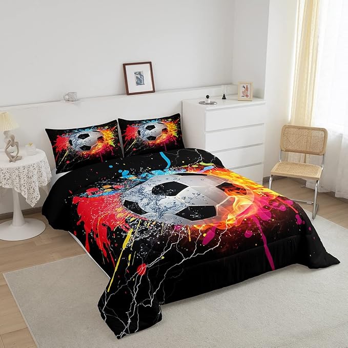 Kids Soccer Twin Size Comforter Set For Boys Football Sports Bedding Set Teen Colorful Grunge Hippie Tie Dye Quilt Comforter Red Blue Water Fire Lightning Duvet Insert Lightweight Bedroom Dorm Decor - LeafyLoom
