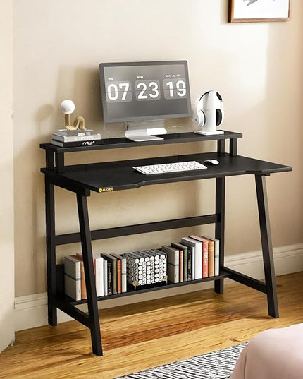Small Computer Desk for Small Spaces - 33.5" Inch Modern Writing Table with Monitor Storage Shelf for Home Office and Study, Compact Laptop Desk in Simple and Sleek Style - LeafyLoom