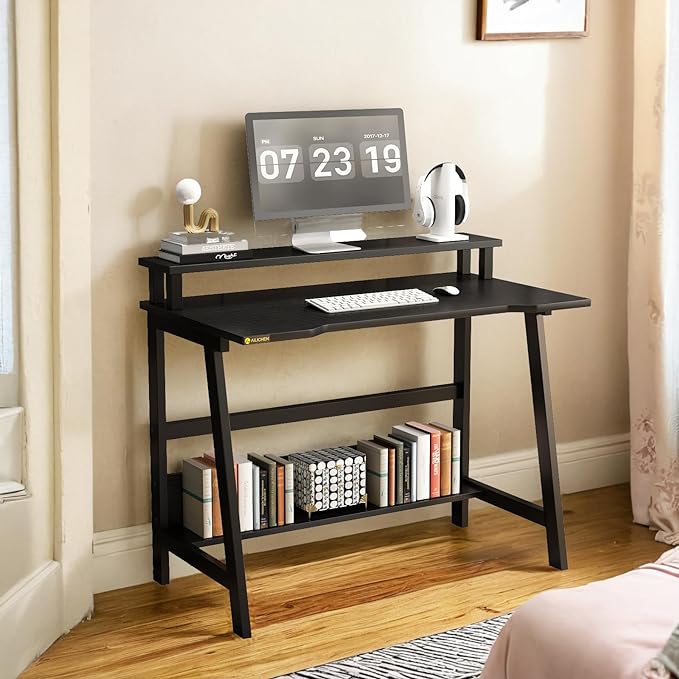 Small Computer Desk for Small Spaces - 33.5" Inch Modern Writing Table with Monitor Storage Shelf for Home Office and Study, Compact Laptop Desk in Simple and Sleek Style - LeafyLoom