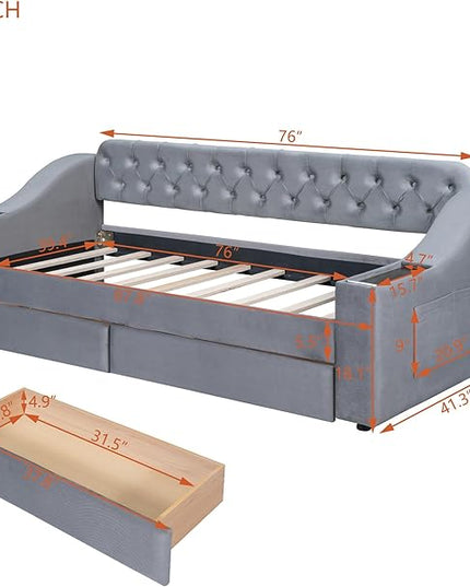 Twin Size Daybed with Storage Armrests & 2 Drawers,Upholstered Sofa Bed W/USB Ports & Button Tufted Backrest,No Box Spring Needed,Multi-Function Bedframe for Living Room Bedroom,Gray Velvet - LeafyLoom