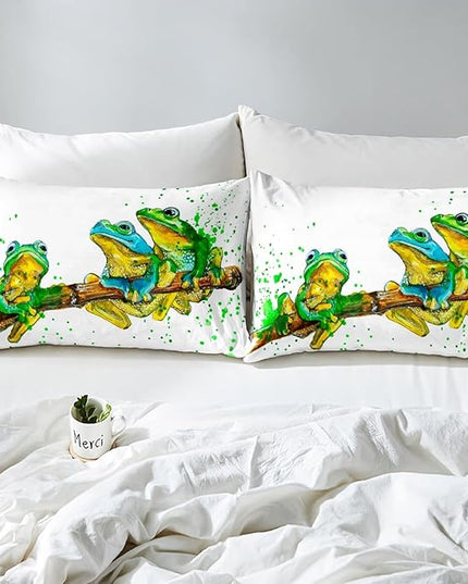 Erosebridal Cartoon Frog Comforter Set Twin Size, Green Tie Dye Down Comforter, Tree Branch Quilted Duvet,Animal Soft Duvet Insert for Kid Adult, White Room Decor Reversible All Season - LeafyLoom