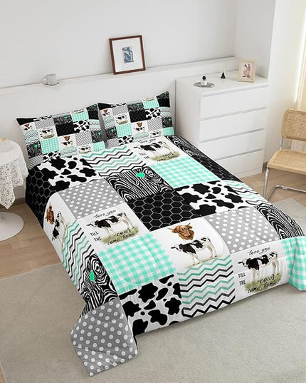 Cute Cow Print Comforter Set Twin Size Kawaii Highland Cow Bedding Set Bedroom Decor Honeycomb Plaid Pattern Geometric Stripes Down Comforter Cartoon Farm Animals Duvet Set, Green Black Grey - LeafyLoom