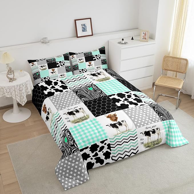 Cute Cow Print Comforter Set Twin Size Kawaii Highland Cow Bedding Set Bedroom Decor Honeycomb Plaid Pattern Geometric Stripes Down Comforter Cartoon Farm Animals Duvet Set, Green Black Grey - LeafyLoom