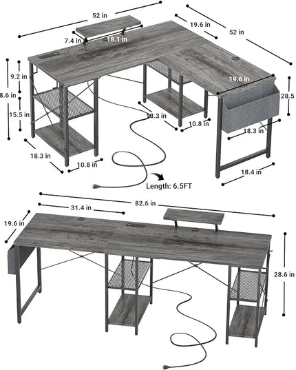 Aheaplus L Shaped Desk with Outlet and USB Charging Ports, L-Shaped Desk with Storage Shelves Reversible Corner Computer Desk 2 Person Long Table with Monitor Stand Gaming Home Office Desk, Oak - LeafyLoom