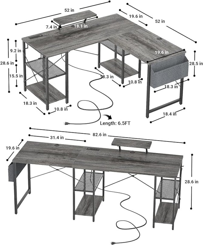 Aheaplus L Shaped Desk with Outlet and USB Charging Ports, L-Shaped Desk with Storage Shelves Reversible Corner Computer Desk 2 Person Long Table with Monitor Stand Gaming Home Office Desk, Oak - LeafyLoom