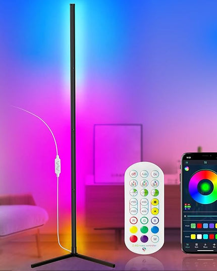 Floor Lamp, LED Corner Lamp Works with Remote Control, Modern Floor Lamp with Music Sync and 16 Million DIY Colors, Color Changing Standing Floor Lamp for Bedroom Living Room - LeafyLoom