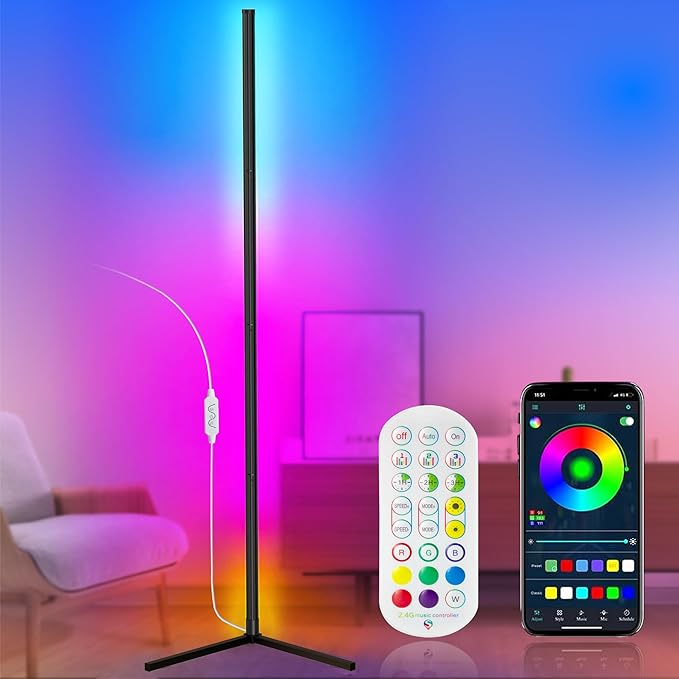 Floor Lamp, LED Corner Lamp Works with Remote Control, Modern Floor Lamp with Music Sync and 16 Million DIY Colors, Color Changing Standing Floor Lamp for Bedroom Living Room - LeafyLoom