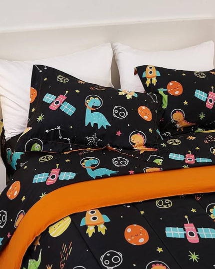 Space Dinosaur Kids Comforter Set for Boys Twin, Cute Reversible Quilted Black Printed Bedding Set with Pillow Sham, Lightweight Soft Breathable Machine Washable Bed Set 2 Piece - LeafyLoom
