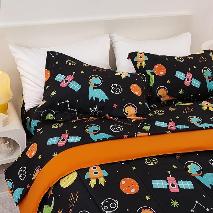 Space Dinosaur Kids Comforter Set for Boys Twin, Cute Reversible Quilted Black Printed Bedding Set with Pillow Sham, Lightweight Soft Breathable Machine Washable Bed Set 2 Piece - LeafyLoom