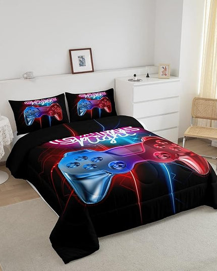 Boys Gaming Comforter Set Queen Size Teens Gamer Bedding Set Modern Blue Red Video Game Controller Comforter For Kids Children Youth Bedroom Decor Multi-Color Gamer Console Action Buttons Duvet Set - LeafyLoom