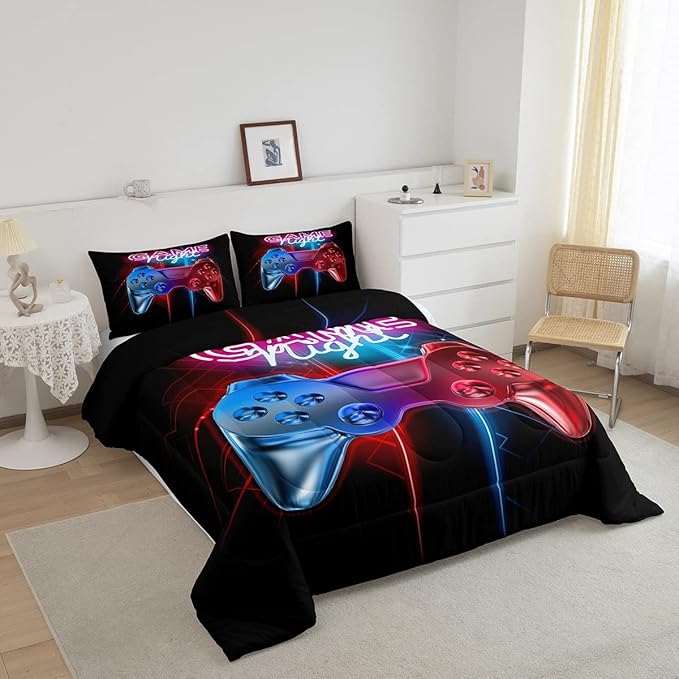Boys Gaming Comforter Set Queen Size Teens Gamer Bedding Set Modern Blue Red Video Game Controller Comforter For Kids Children Youth Bedroom Decor Multi-Color Gamer Console Action Buttons Duvet Set - LeafyLoom