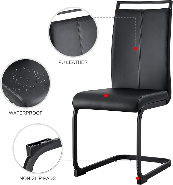 PU Faux Leather Dining Chairs Set of 2, Modern Dining Room Chair Kitchen Chairs with Upholstered Seat, Black Metal Legs and High Back, Sillas para Comedor, Black+PU - LeafyLoom