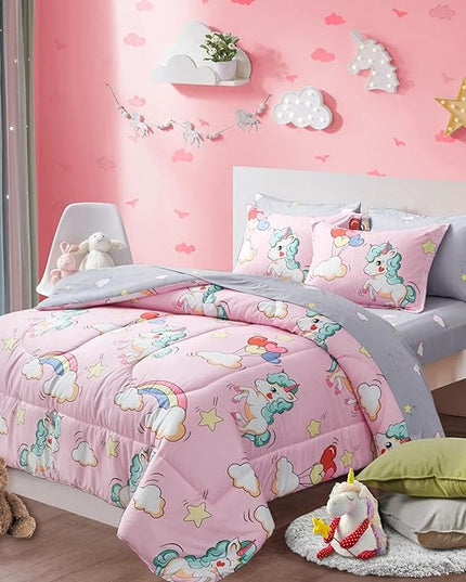 UOZZI BEDDING Kids Girls Bed in a Bag 6 Pieces Twin Size Unicorn Pink Colorful Comforter Set - (1 Soft Microfiber, Reversible Comforter, 2 Pillow Shams, 1 Flat Sheet, 1 Fitted Sheet, 1 Pillowcases) - LeafyLoom