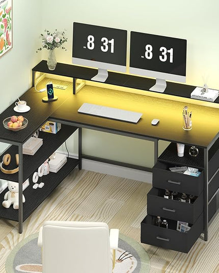 L Shaped Desk with 3 Drawer & 3 Open Shelf, Computer Desk with LED Lights & Power Outlets, Home Office Desk with Reversible Storage Shelves & Monitor Stand, Corner Desk for Small Space - LeafyLoom