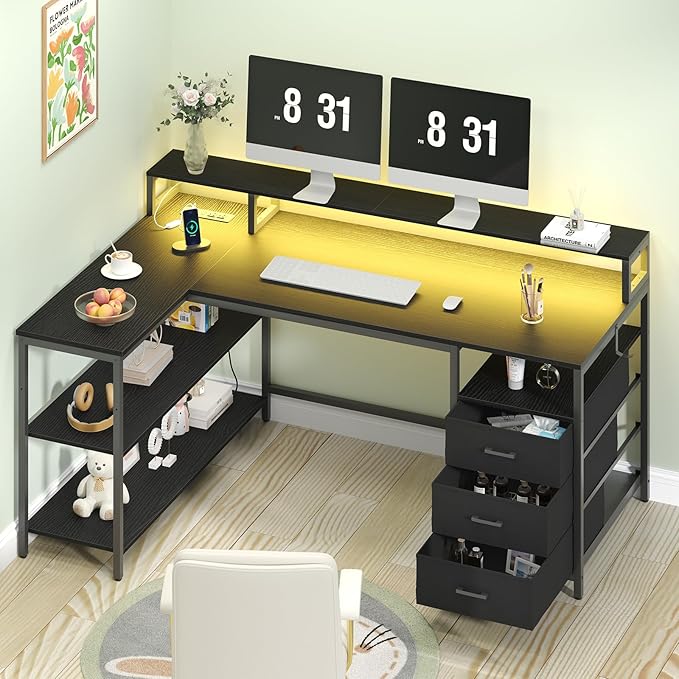 L Shaped Desk with 3 Drawer & 3 Open Shelf, Computer Desk with LED Lights & Power Outlets, Home Office Desk with Reversible Storage Shelves & Monitor Stand, Corner Desk for Small Space - LeafyLoom