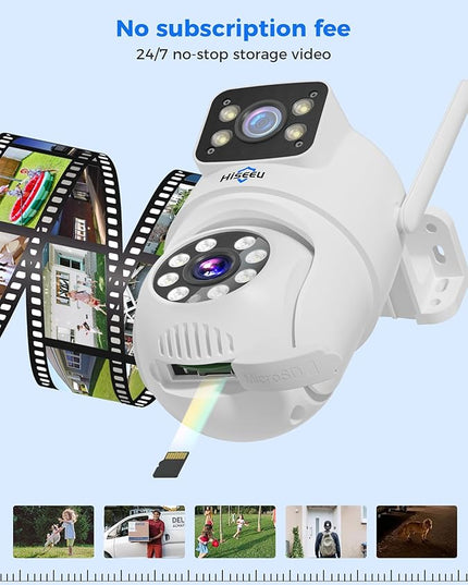 Hiseeu Wireless Security Camera Dual Lens PTZ Outdoor with 128GB SD Card, 2K WiFi-Pro 5G/ 2.4Ghz Surveillance Cameras, Color Night Version, Plug-in Cable, Works with Wireless System Hiseeu