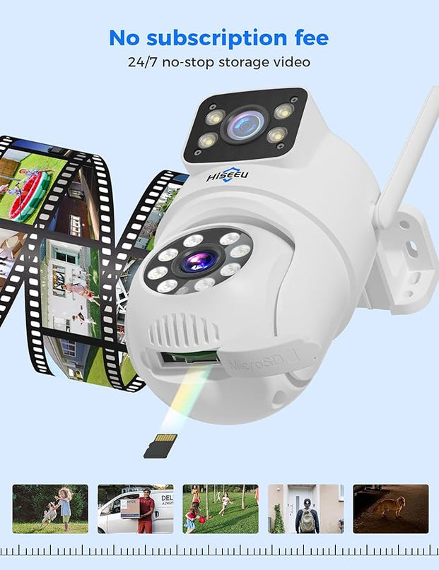 Hiseeu Wireless Security Camera Dual Lens PTZ Outdoor with 128GB SD Card, 2K WiFi-Pro 5G/ 2.4Ghz Surveillance Cameras, Color Night Version, Plug-in Cable, Works with Wireless System Hiseeu