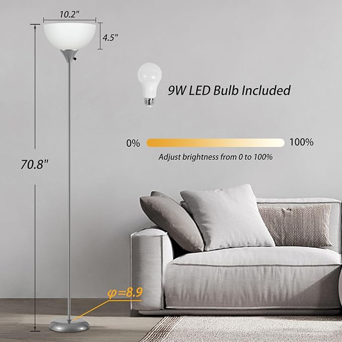 Floor Lamps for Living Room, Dimmable LED Modern Simple Standing Lamp, Tall Lamps for Bedroom Office Dining Room Kitchen, Minimalist Black Pole Lamp with Rotary Switch, 9W LED Bulb Included, Grey - LeafyLoom