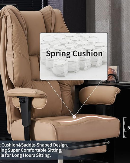 Big and Tall Office Chair 400lbs Wide Seat, Leather High Back Executive Office Chair with Foot Rest, Ergonomic Office Chair Lumbar Support for Lower Back Pain Relief (Brown) - LeafyLoom