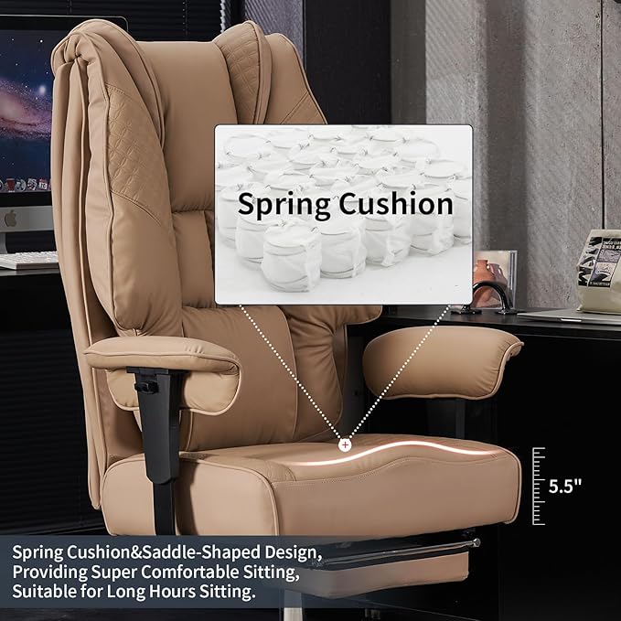 Big and Tall Office Chair 400lbs Wide Seat, Leather High Back Executive Office Chair with Foot Rest, Ergonomic Office Chair Lumbar Support for Lower Back Pain Relief (Brown) - LeafyLoom