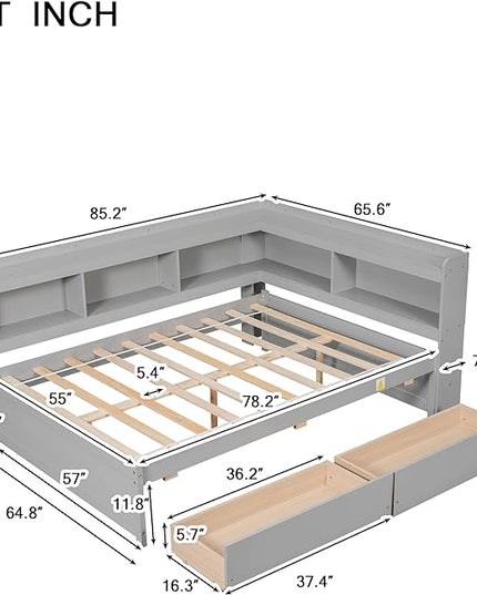 Full Size Platform Bed with L-Shaped Bookcase and 2 Storage Drawers, Wood Daybed frames with Headboard, Gray - LeafyLoom
