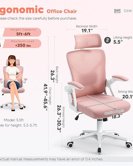 SEATZONE Office Chair, Ergonomic Desk Chair with Adjustable Headrest,Lumbar Support, High Back Mesh Computer Chair with Wheels and Flip-up Armrests,Executive Chairs(Peach Pink) - LeafyLoom