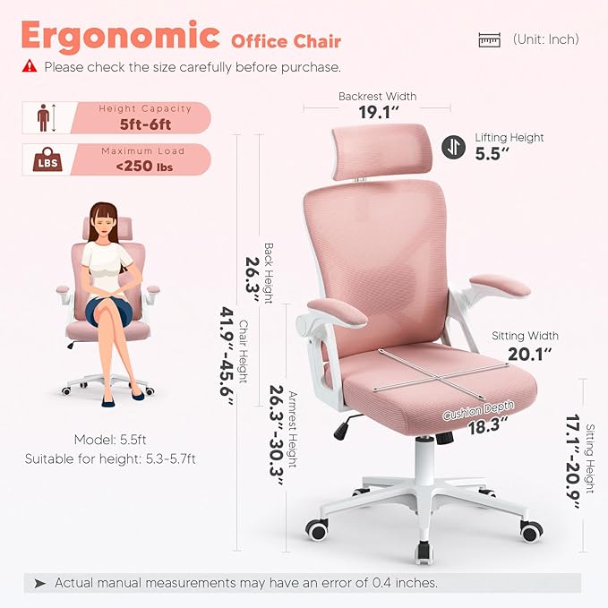 SEATZONE Office Chair, Ergonomic Desk Chair with Adjustable Headrest,Lumbar Support, High Back Mesh Computer Chair with Wheels and Flip-up Armrests,Executive Chairs(Peach Pink) - LeafyLoom
