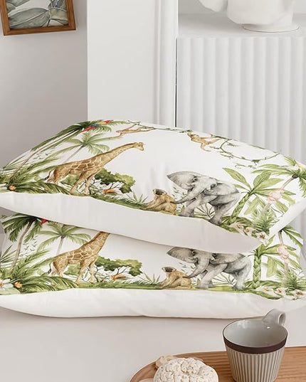 Elephant Giraffe Monkeys Comforter Full Size,Wild Animals Kids Comforter Set,3Pcs Bedding Set Printed Comforter with 2 Pillowcases,Down Alternative,Soft and Lightweight,for All Seasons - LeafyLoom