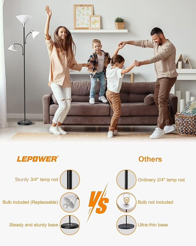 LEPOWER Floor Lamp, Standing Lamp with Replaceable 3000K Energy-Saving LED Bulbs,9W Lamp for Living Room with 5W Adjustable Reading Lights, Modern Bright Floor Lamp for Bedroom, Living Room, Office - LeafyLoom