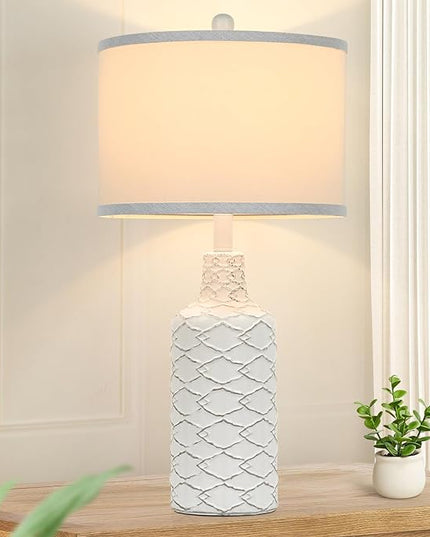 Modern Farmhouse Ceramic Nightstand Lamp, 25in Tall, White, with Handcrafted Base and Fabric Shade, E26 Socket, Bulb Excluded - LeafyLoom