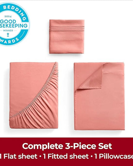 Mellanni Extra Deep Twin Sheets - 3 PC Iconic Collection Bedding Sheets & Pillowcases - Hotel Luxury, Ultra Soft, Cooling Bed Sheets - Extra Deep Pocket up to 21 inch (Twin, Coral) - LeafyLoom