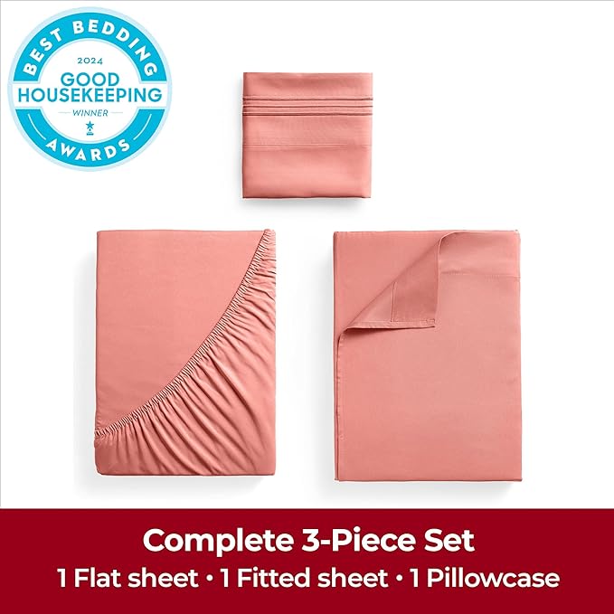 Mellanni Extra Deep Twin Sheets - 3 PC Iconic Collection Bedding Sheets & Pillowcases - Hotel Luxury, Ultra Soft, Cooling Bed Sheets - Extra Deep Pocket up to 21 inch (Twin, Coral) - LeafyLoom