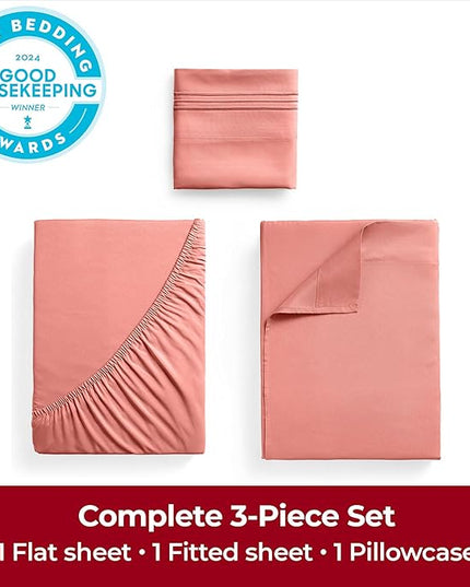 Mellanni Twin Sheets Set - 3 PC Iconic Collection Bedding Sheets & Pillowcases - Hotel Luxury, Extra Soft, Cooling Bed Sheets - Deep Pocket up to 16 inch (Twin, Coral) - LeafyLoom