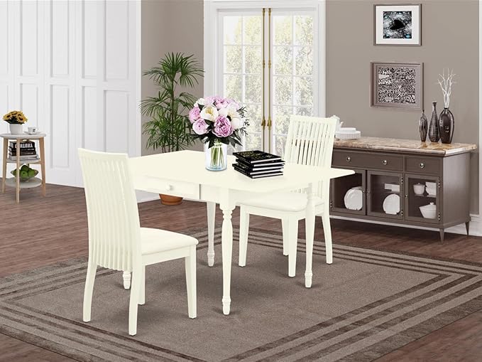 East West Furniture Monza 3 Piece Room Set Contains a Rectangle Kitchen Table with Dropleaf and 2 Fabric Upholstered Dining Chairs, 36x54 Inch, Linen White - LeafyLoom