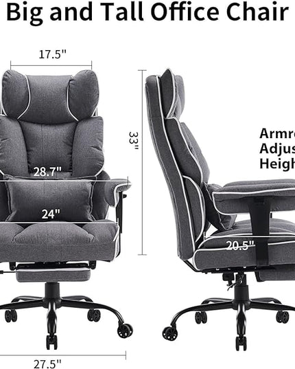 Fabric Office Chair, Big and Tall Office Chair 400 lb Weight Capacity, High Back Executive Office Chair with Foot Rest, Ergonomic Office Chair for Back Pain Relief, Gray - LeafyLoom