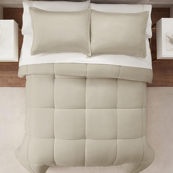 SERTA Simply Clean Ultra Soft Hypoallergenic Solid 3 Piece Comforter Set, King, Khaki - LeafyLoom
