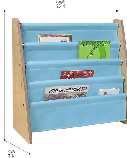 Wildkin Kids Canvas Sling Bookshelf for Boys and Girls, Wooden Design Features Four Fabric Shelves, Keep Bedrooms, Playrooms, and Classrooms Organized, an Ideal Kids Bookshelf (Natural w/Aqua) - LeafyLoom