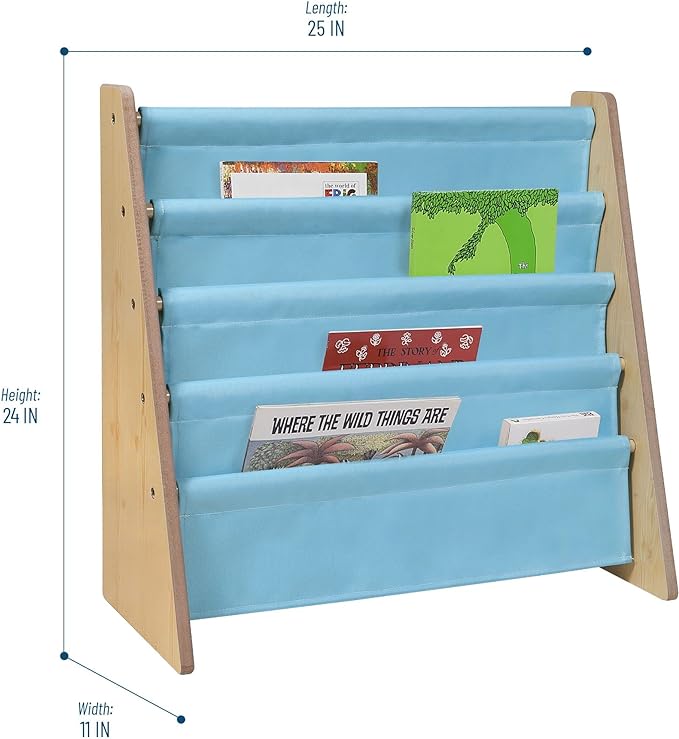 Wildkin Kids Canvas Sling Bookshelf for Boys and Girls, Wooden Design Features Four Fabric Shelves, Keep Bedrooms, Playrooms, and Classrooms Organized, an Ideal Kids Bookshelf (Natural w/Aqua) - LeafyLoom