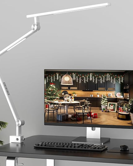 LED Desk Lamp, Desk Light for Home Office, Dual Light Source 18W Brightest, Eye-Caring Optical Lens, Office Lamp, 5 Color Modes & Brightness, Aluminum Alloy Drafting Light, Clamp Lamp, White - LeafyLoom