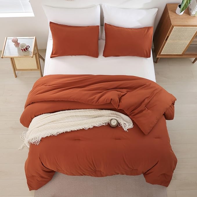 ROSGONIA California King Comforter Set Burnt Orange,3pcs(1 Boho Terracotta Cal King Comforter & 2 Pillowcases),All Season Rust Blanket Quilt Oversized - LeafyLoom