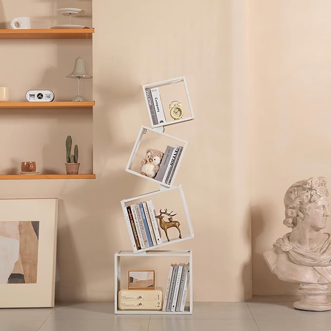 Bookshelf, 4-Tier Bookcase White, White Bookshelf, 4 Tier Bookshelf, 49''Tall Industrial Bookshelf, Modern Book Storage, Storage Shelves for CDs/Books/Home Decor, Display Shelf - LeafyLoom