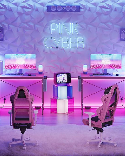 Bestier Pink Gaming Desk with Power Outlets, 44 Inch Led Gamer Desk with 4 Tiers Reversible Shelves, Pink Computer Desk with Headset Hook & Side Storage Bag for Bedroom (Pink 3D Carbon Fiber) - LeafyLoom